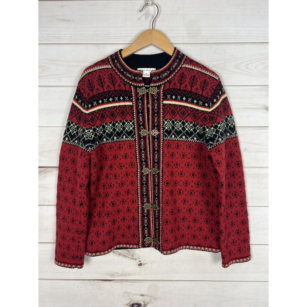 Susan Bristol Sweater Womens Medium Red Wool Nordic Cardigan Clasp Front